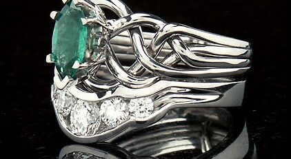 Marquise Emerald Puzzle Ring with Diamond Companion Band