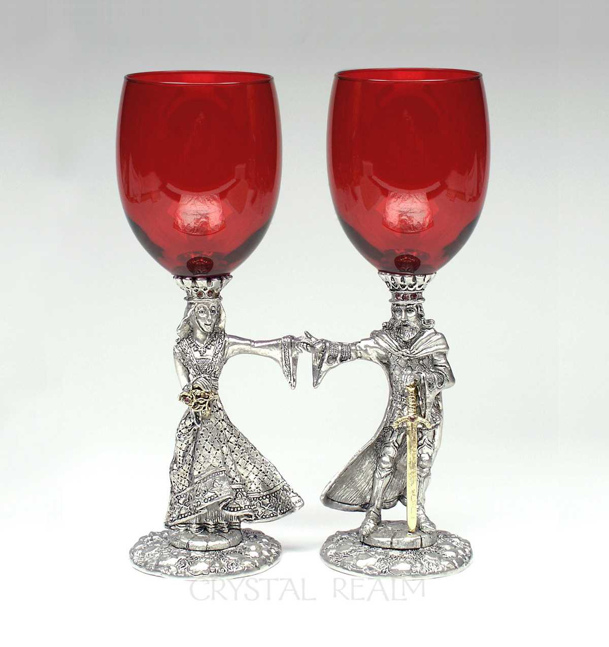 Arthur and Guinevere red toasting glasses in pewter with 23k gold trim and austrian crystals