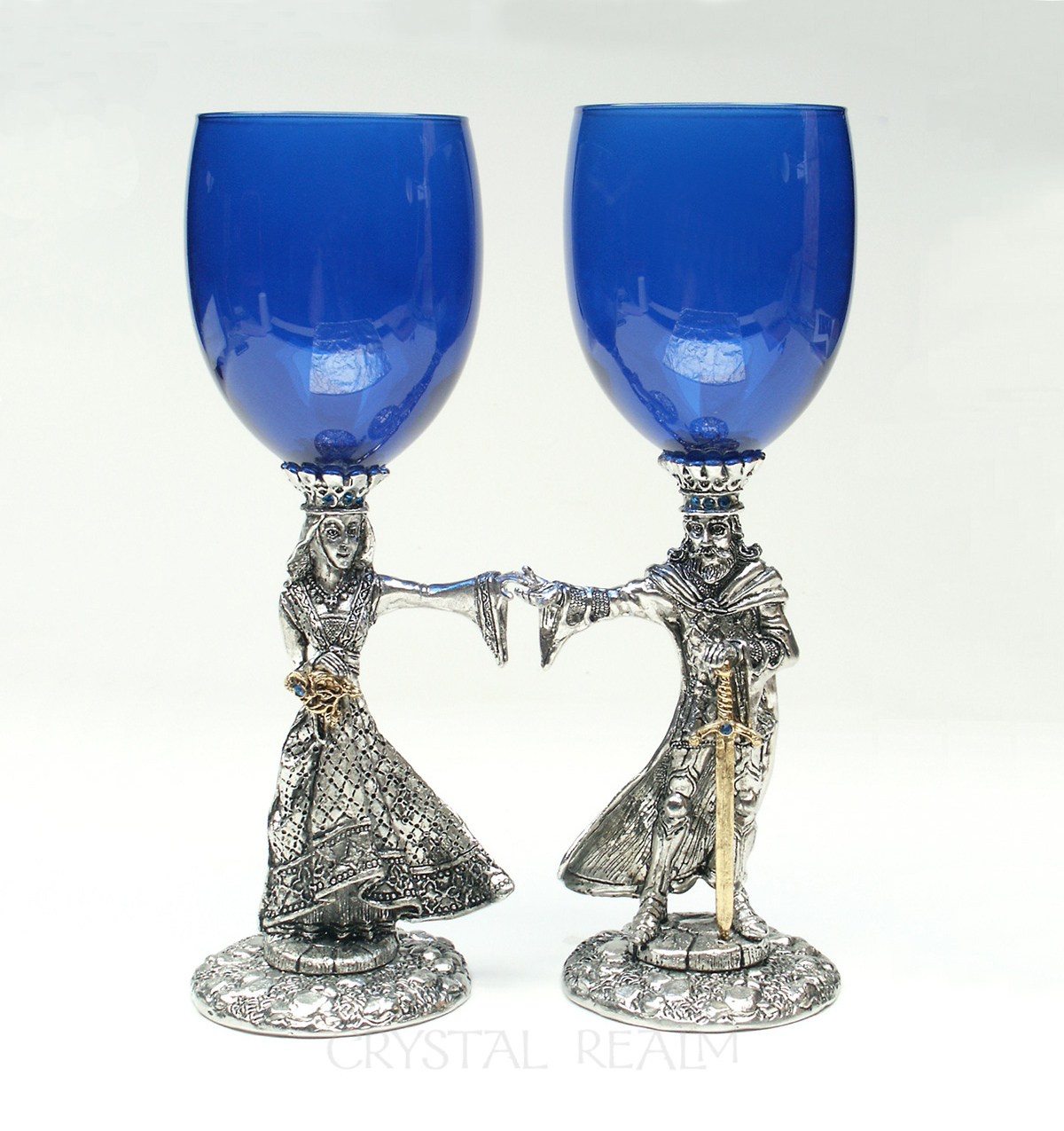 Arthur and Guinevere blue toasting glasses with Austrian crystal and 23k gold trim