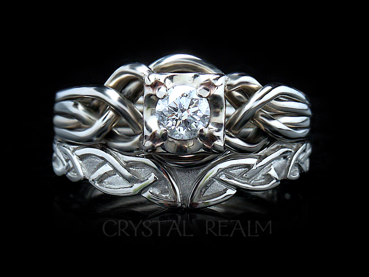 A Celtic bridal set with a round diamond on a four-band puzzle ring and a Celtic wedding band