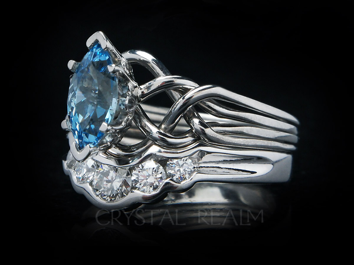 Marquise aquamarine four band puzzle engagement ring with 5-diamond shadow wedding ring