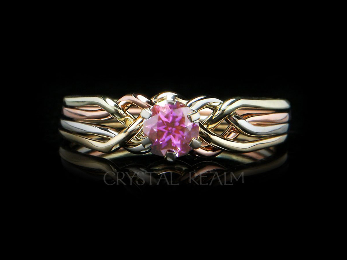 4 piece puzzle ring with October birthstone pink tourmaline in four colors 14k gold