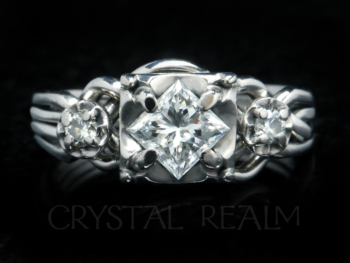 four band guinevere royale engagement puzzle ring with princess cut diamond and accent diamonds in a standard weave