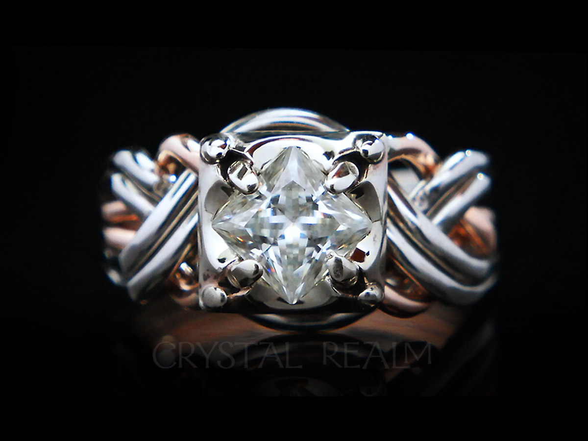 six band puzzle ring with princess cut diamond in rose gold and palladium