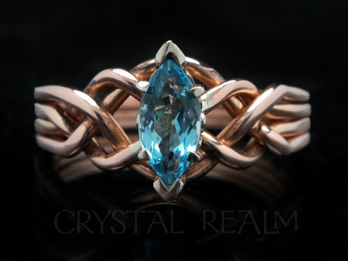 open weave marquise aquamarine engagement puzzle ring in 14K rose gold