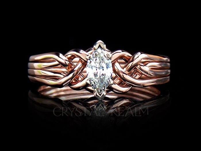 Marquise four piece puzzle ring with one third carat diamond and standard weave in 14k rose gold
