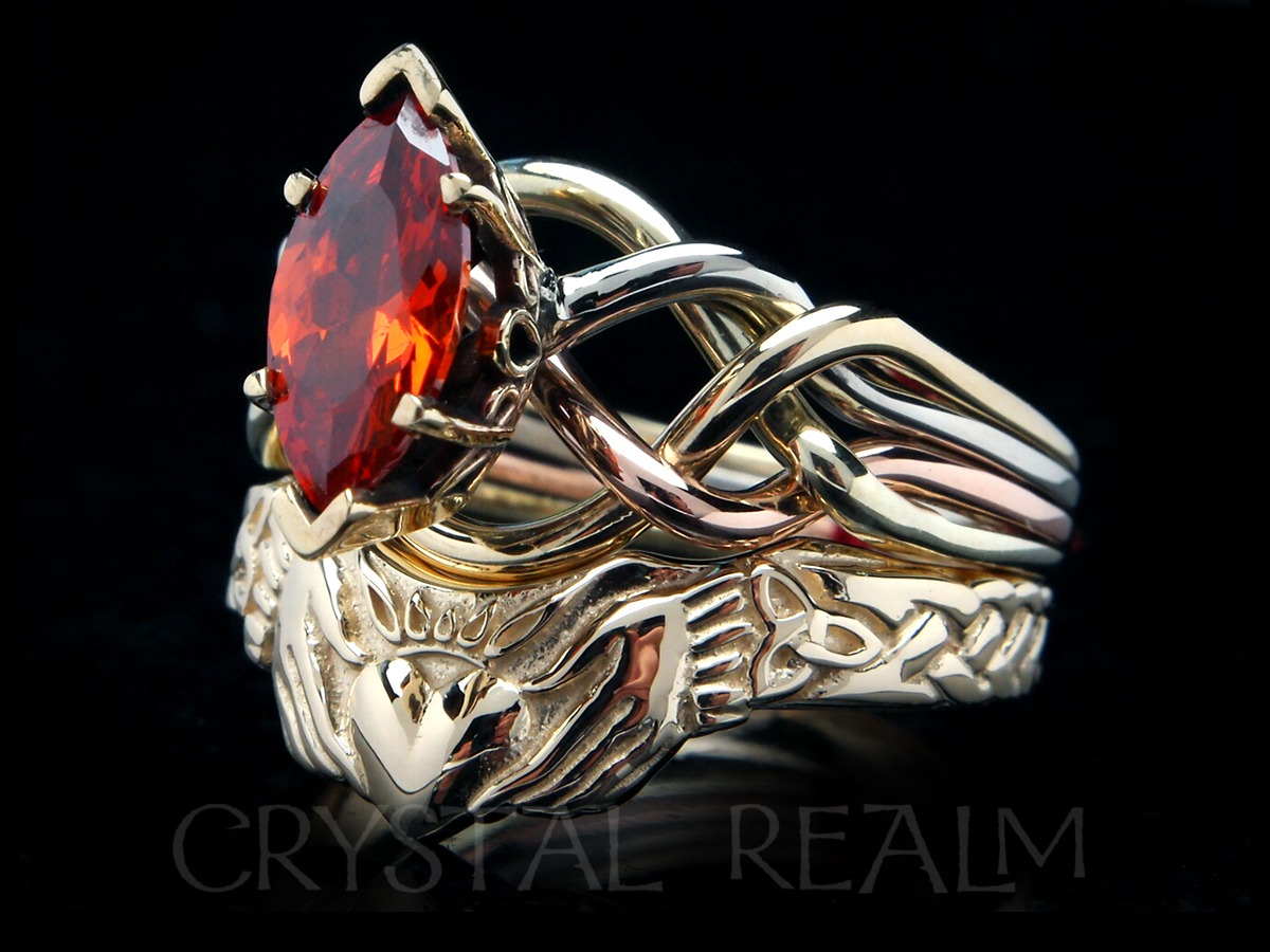 Celtic bridal set with one carat orange zircon marquise puzzle ring and claddagh band