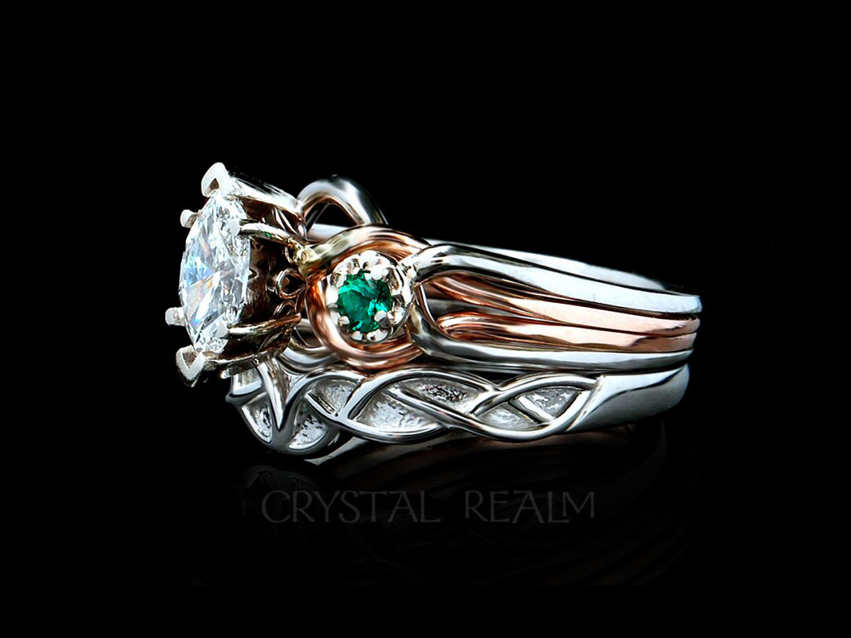 celtic bridal set with a marquise diamond and tsavorite garnet puzzle ring and celtic knotwork shadow wedding band