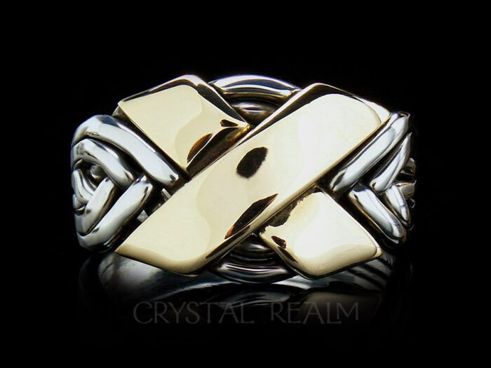 6 piece puzzle ring in sterling silver with two 14k yellow gold bars forming the 'x'