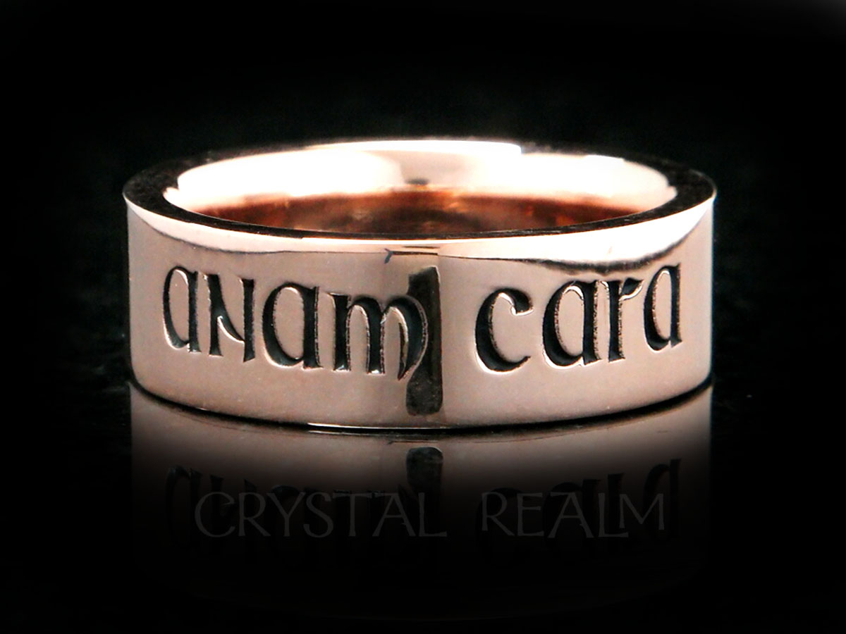 14K rose gold 'anam cara' ring meaning 'soul friend' in a Gaelic medieval font