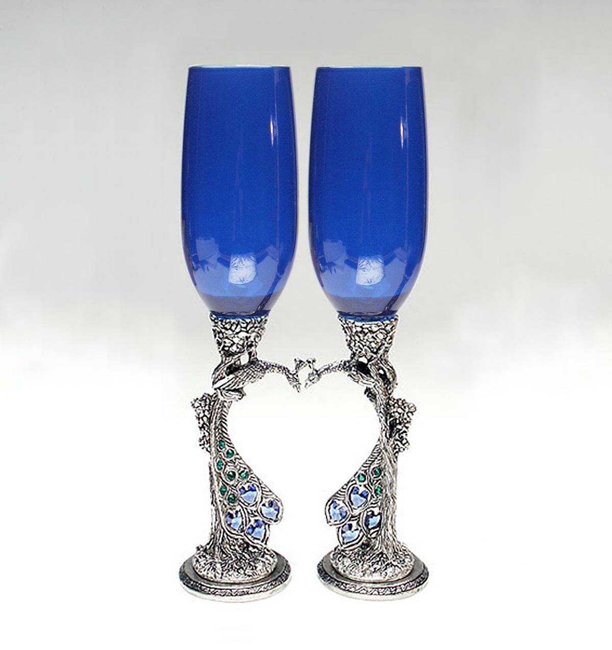 peacock heart royal blue toasting flutes with austrian crystal hearts