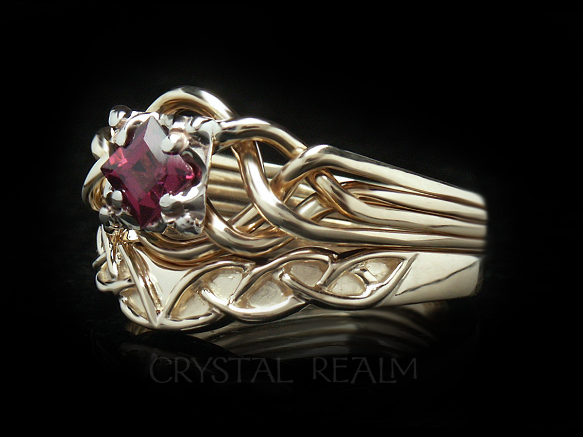 Rhodolite garnet in a princess-cut on a Guinevere four band puzzle ring with a Celtic wedding ring
